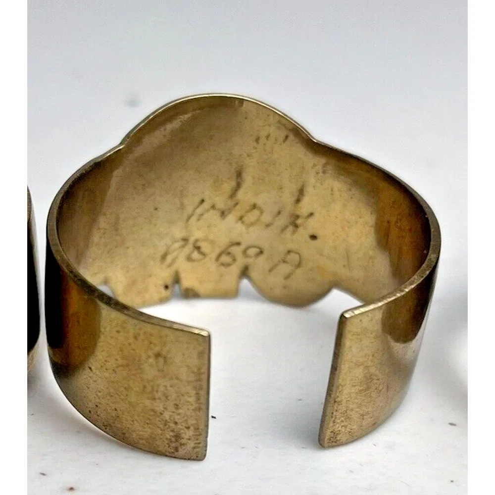 Vintage Brass Elephant Animal Napkin Rings Set Of 4 Marked India Gold Tone & Red